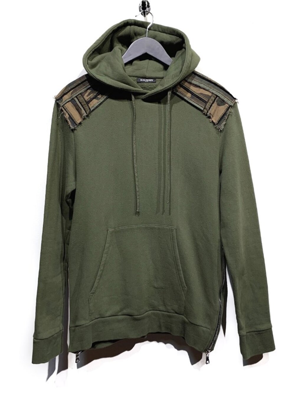 Balmain Khaki Hoodie with Army Print Shoulder Patches